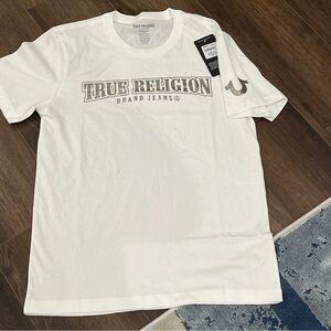 True Religion Men's Small Gold Metallic Foil Classic Logo Tee T-Shirt White